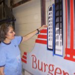 Burger Palace sign in progress.  Spray gun for part of the work.  Another artist did the lettering, I did all the rest of the sign.